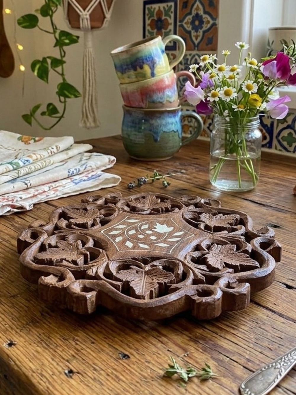 Intricate Carved Wooden Trivet